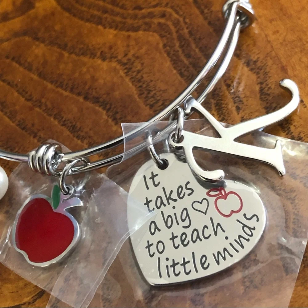 Teacher charm initial “K” silver plated adjustable bangle bracelet